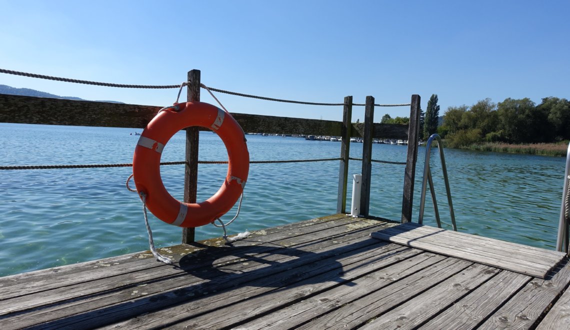 reddingsboei aan een steiger met uitzicht over de Bodensee