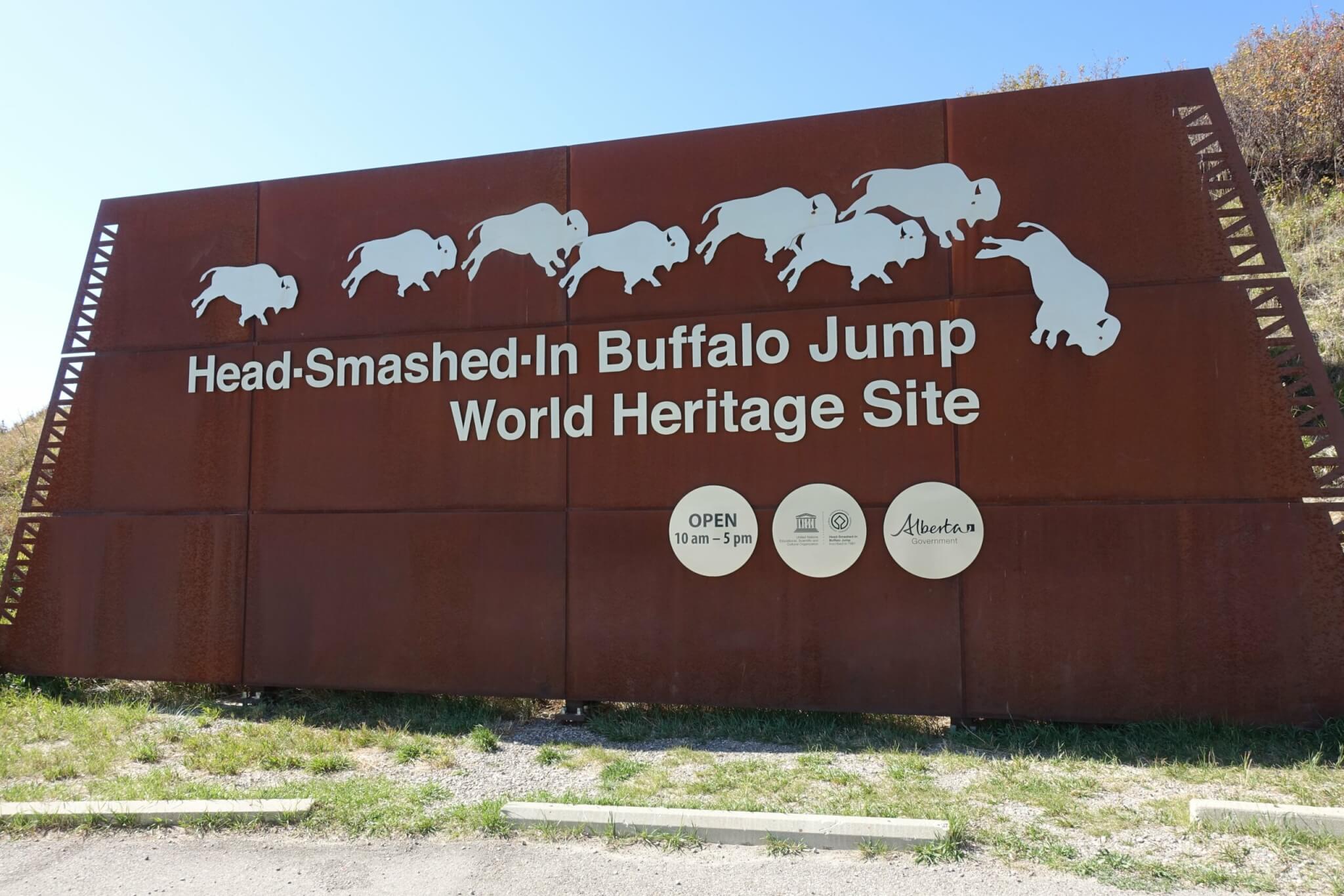 Welkomstbord Head-Smashed-In Buffalo Jump met bizons die op de rand van een klif afstormen