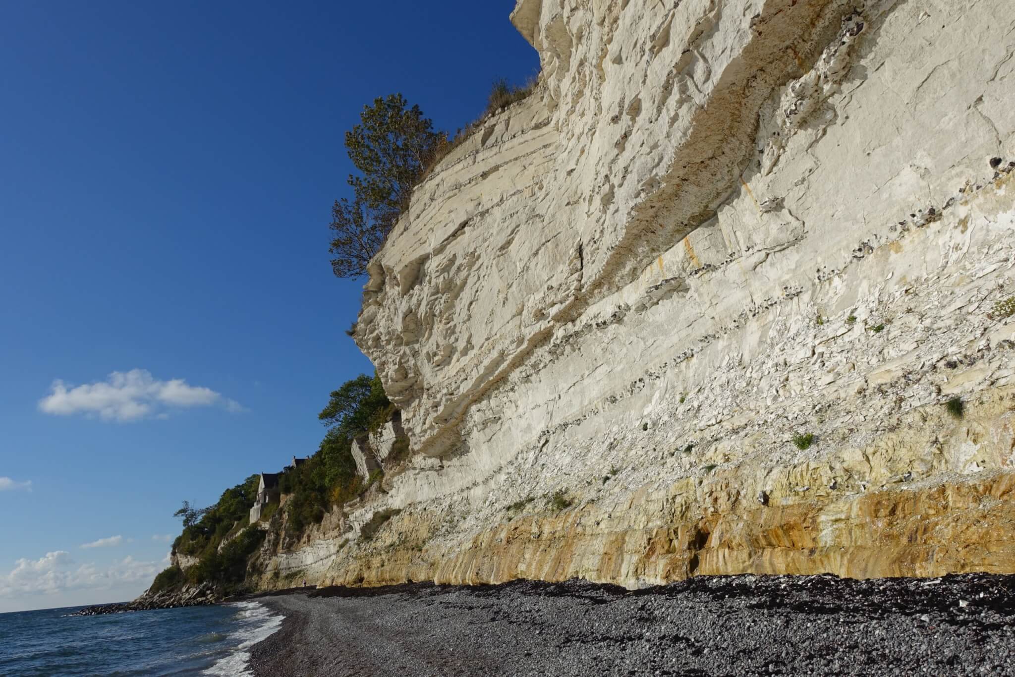 Veertig hoge klif Stevns Klint met verschillende lagen sediment en begroeiing bovenop