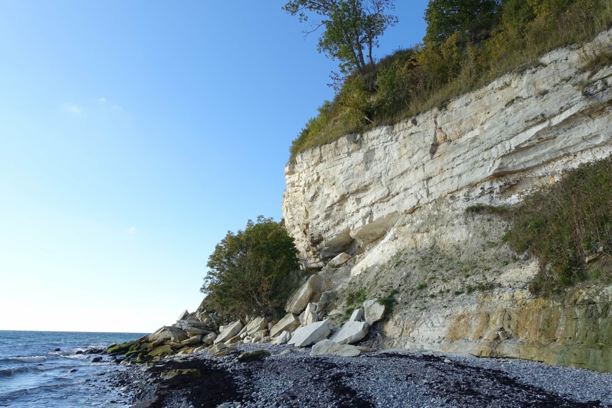 Zee, kiezelstrand en witte krijtrots met begroeiing kenmerken Stevns Klint
