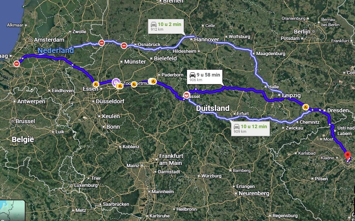 Routekaart van Rotterdam naar Praag